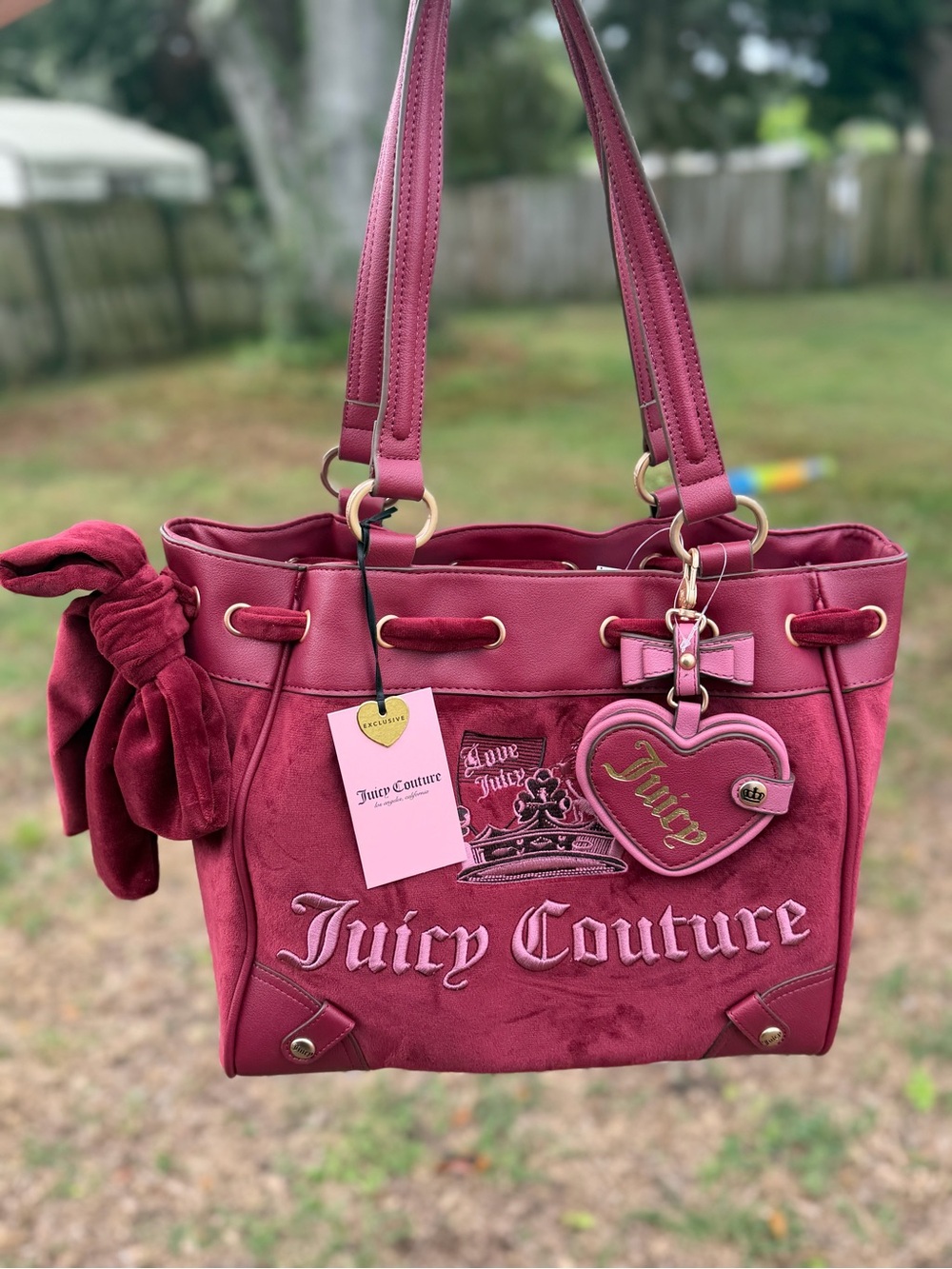 Juicy Couture Velvet Tote in Rich Berry with Heart Charm